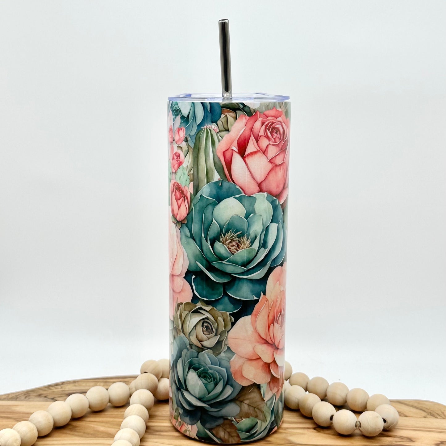 20oz Skinny Floral Cactus Tumbler - Insulated Stainless Steel Cup with Lid and Straw