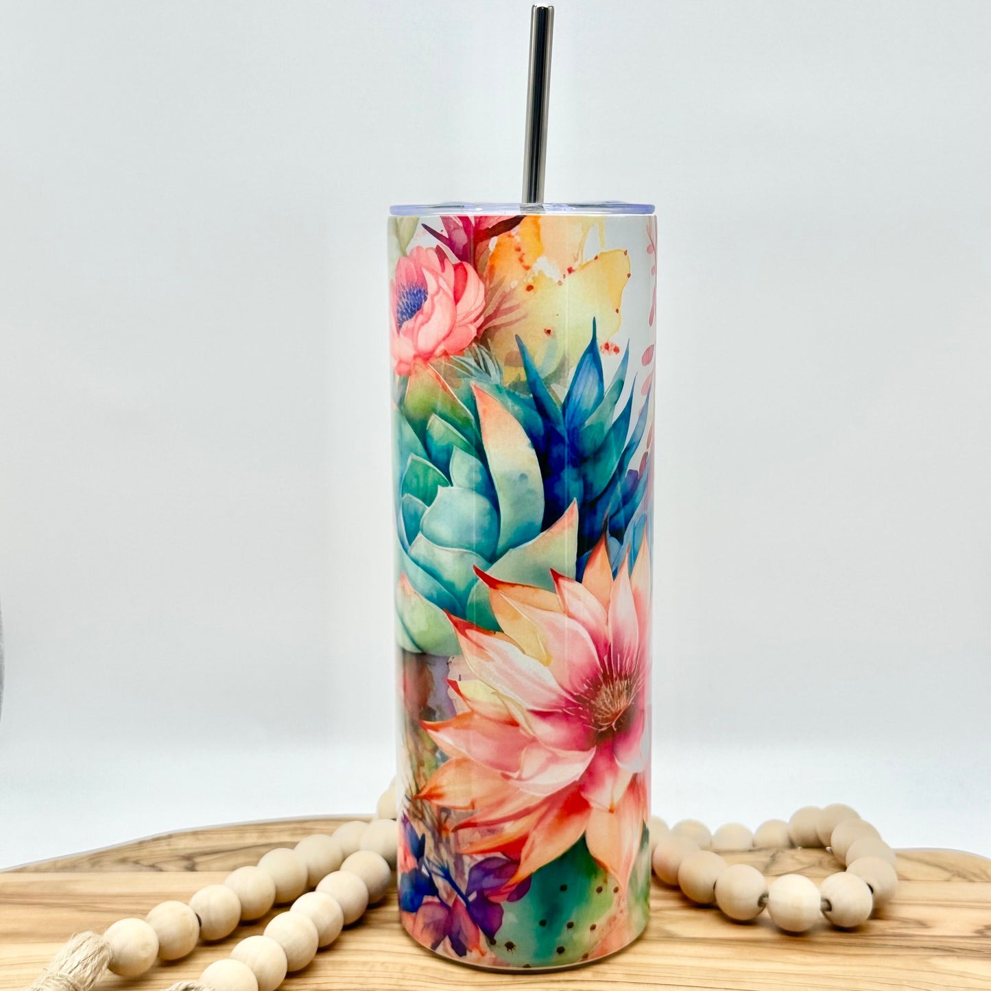 20oz Skinny Floral Cactus Tumbler - Insulated Stainless Steel Tumbler with Lid and Straw