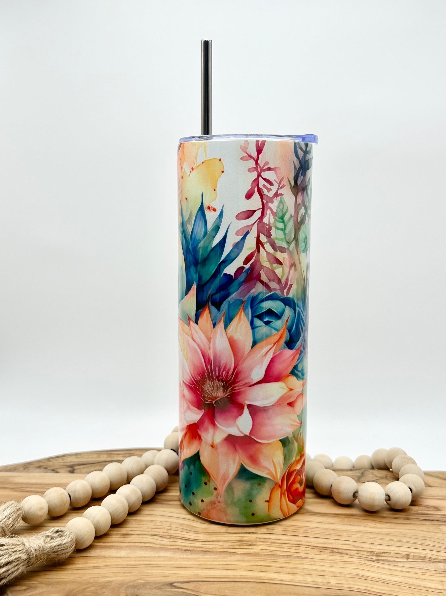 20oz Skinny Floral Cactus Tumbler - Insulated Stainless Steel Tumbler with Lid and Straw