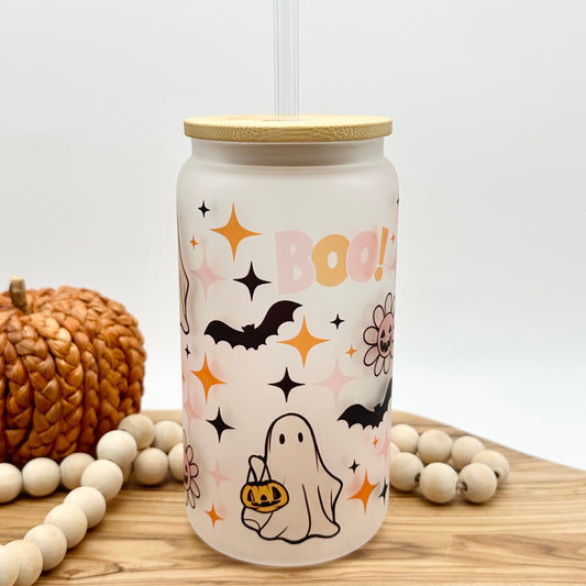 Halloween Iced Coffe Cup - 16oz Frosted Glass Tumbler with Lid and Straw