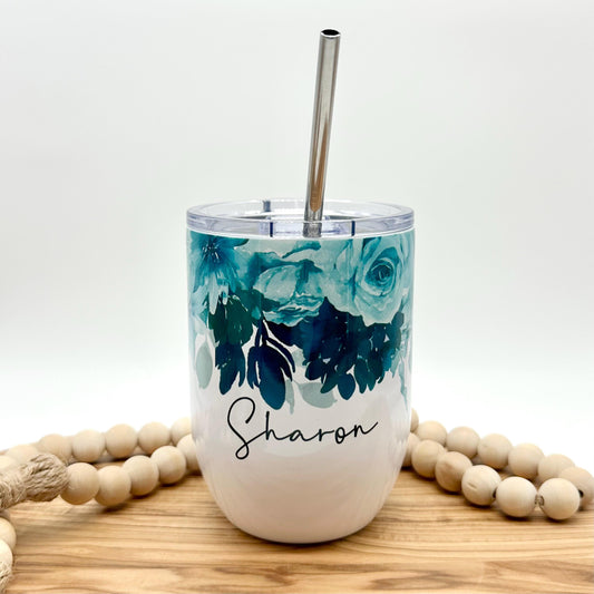 Personalized Insulated  Wine Glass - 15oz Insulated Stainless Steel Teal Floral Tumbler
