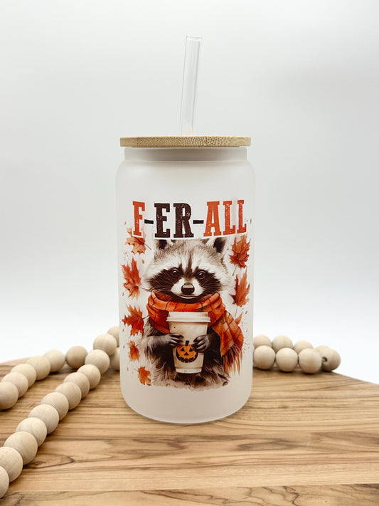 16oz Funny Raccoon Iced Coffee Cup with Lid and Straw - Frosted Glass Tumbler