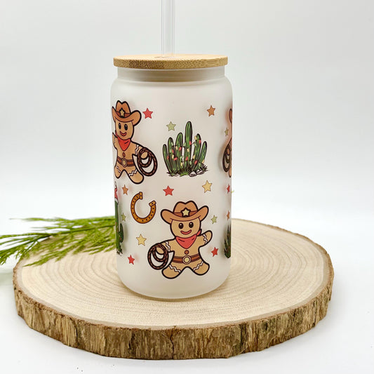 Gingerbread Man Iced Coffee Cup - 16oz Christmas Frosted Glass Tumbler with Lid and Straw