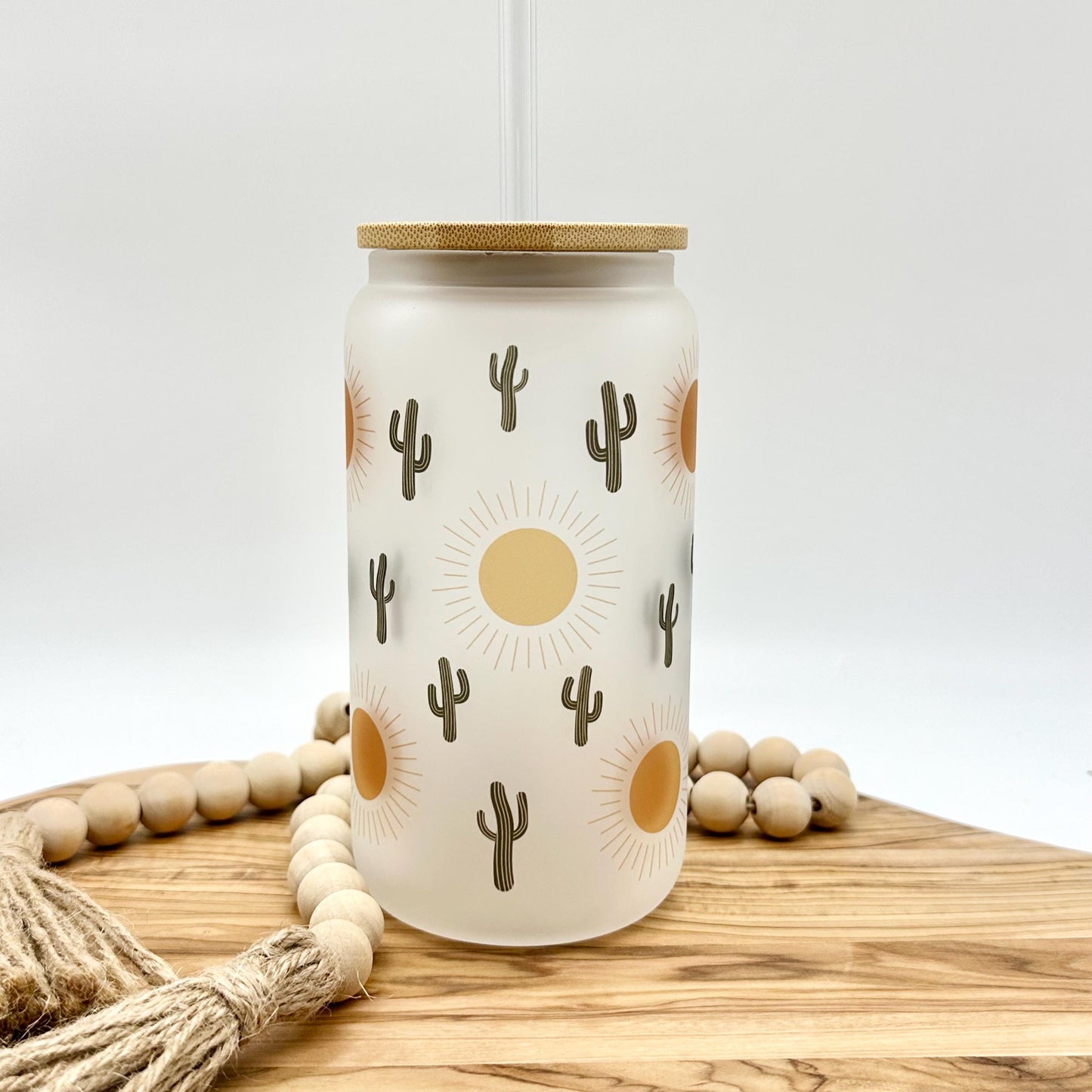Cactus Iced Coffee Cup with Lid and Straw, 16oz Frosted Glass Tumbler
