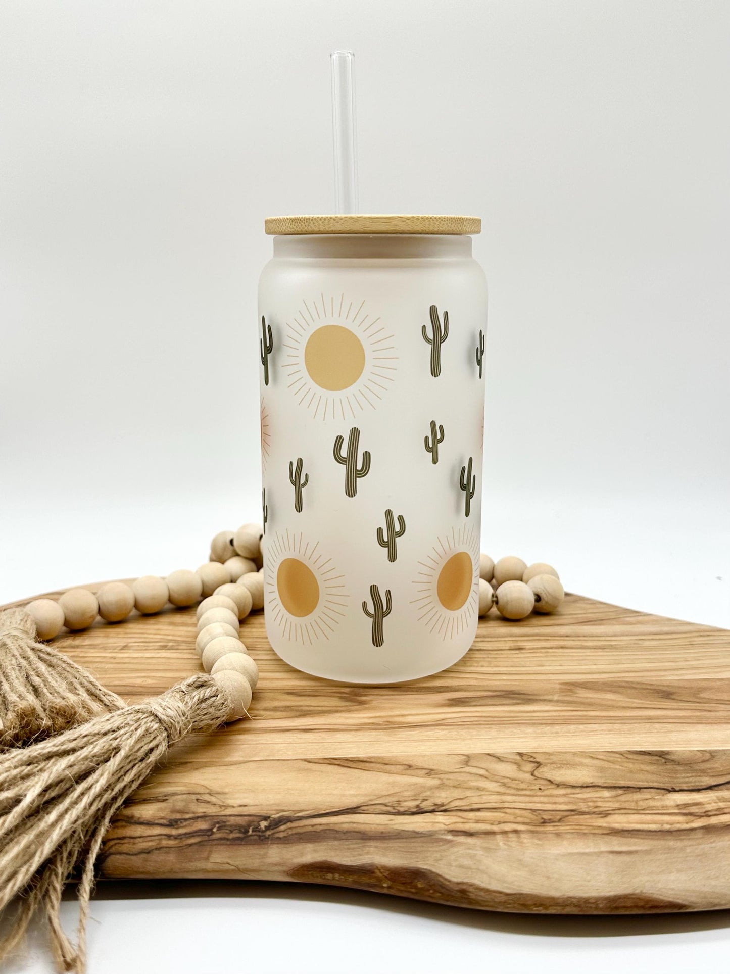 Cactus Iced Coffee Cup with Lid and Straw, 16oz Frosted Glass Tumbler