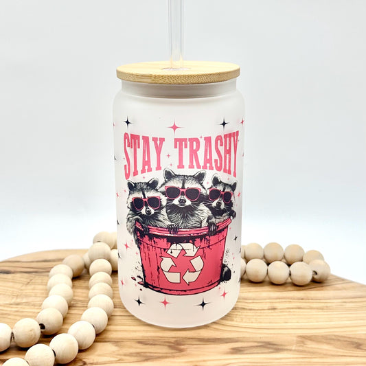 Funny Raccoon Cup, Cute Iced Coffee Cup, 16oz Frosted Glass with Lid and Straw, Pink Ombré Tumbler, Gift for Friend, Eco Friendly Drinkware