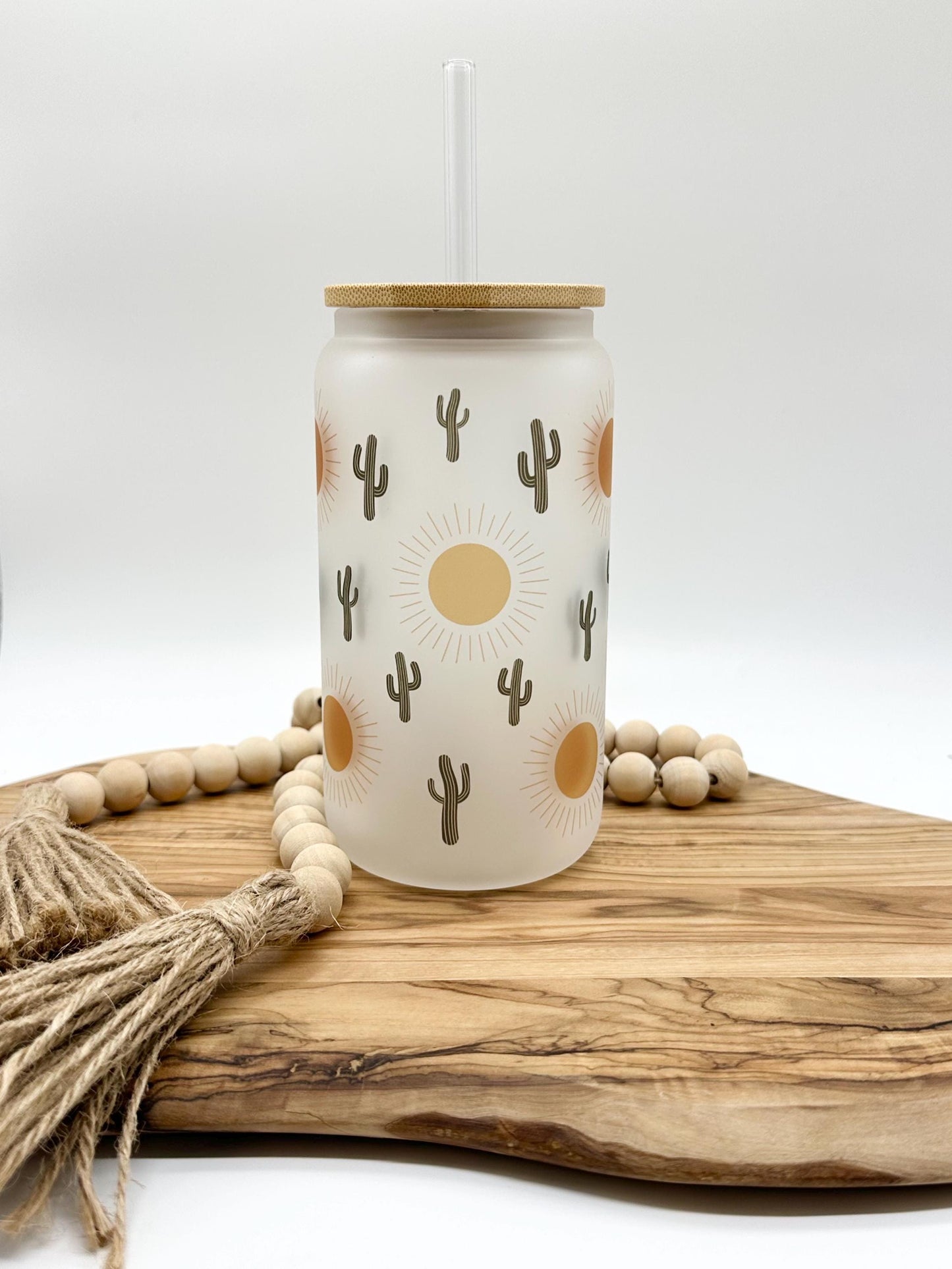 Cactus Iced Coffee Cup with Lid and Straw, 16oz Frosted Glass Tumbler