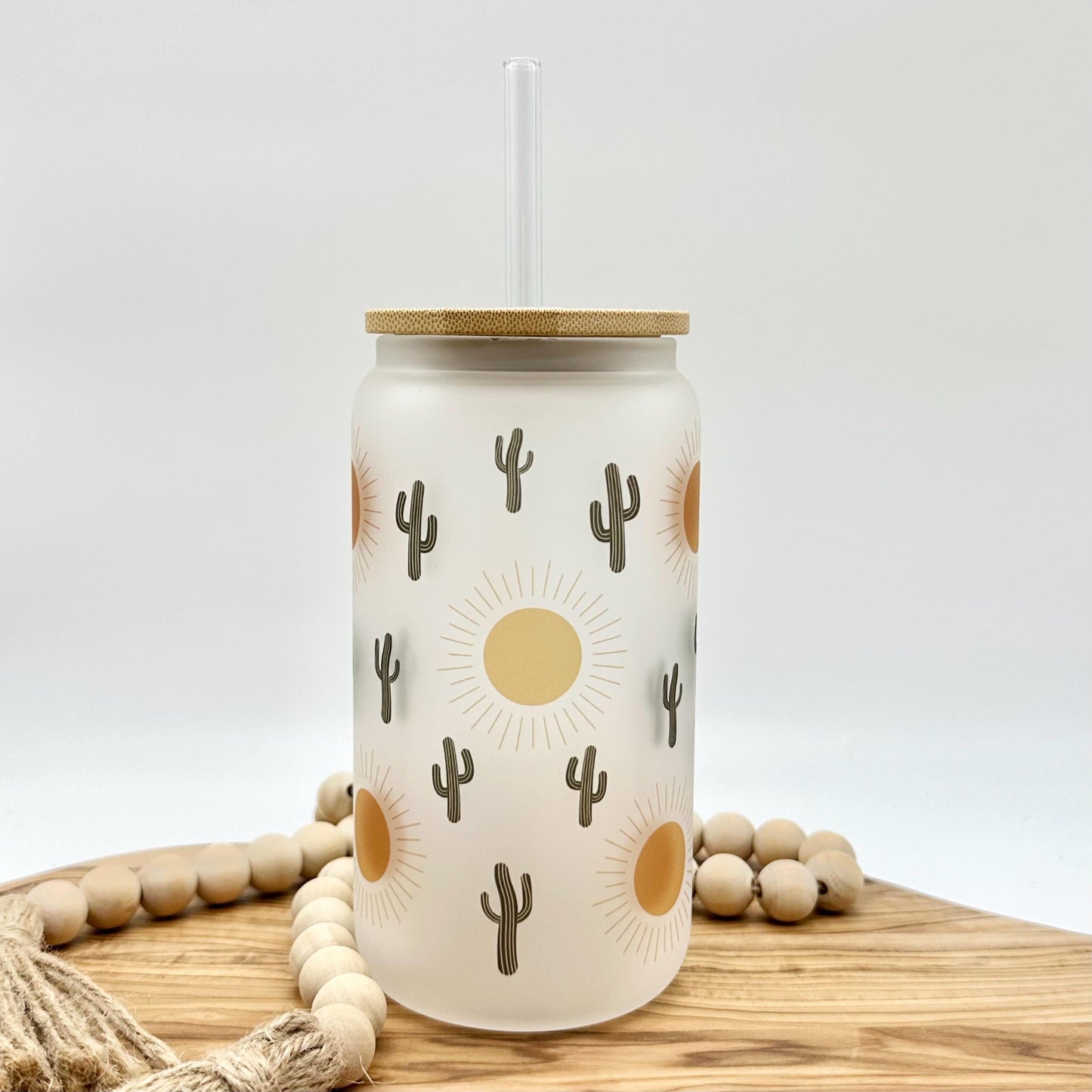 Cactus Iced Coffee Cup with Lid and Straw, 16oz Frosted Glass Tumbler