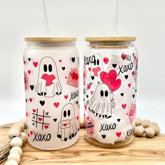 Valentine’s Iced Coffee Cup - 16oz Glass Tumbler with Lid and Straw