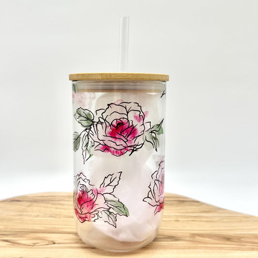 Pink Floral Shimmer Glass Wine Tumbler