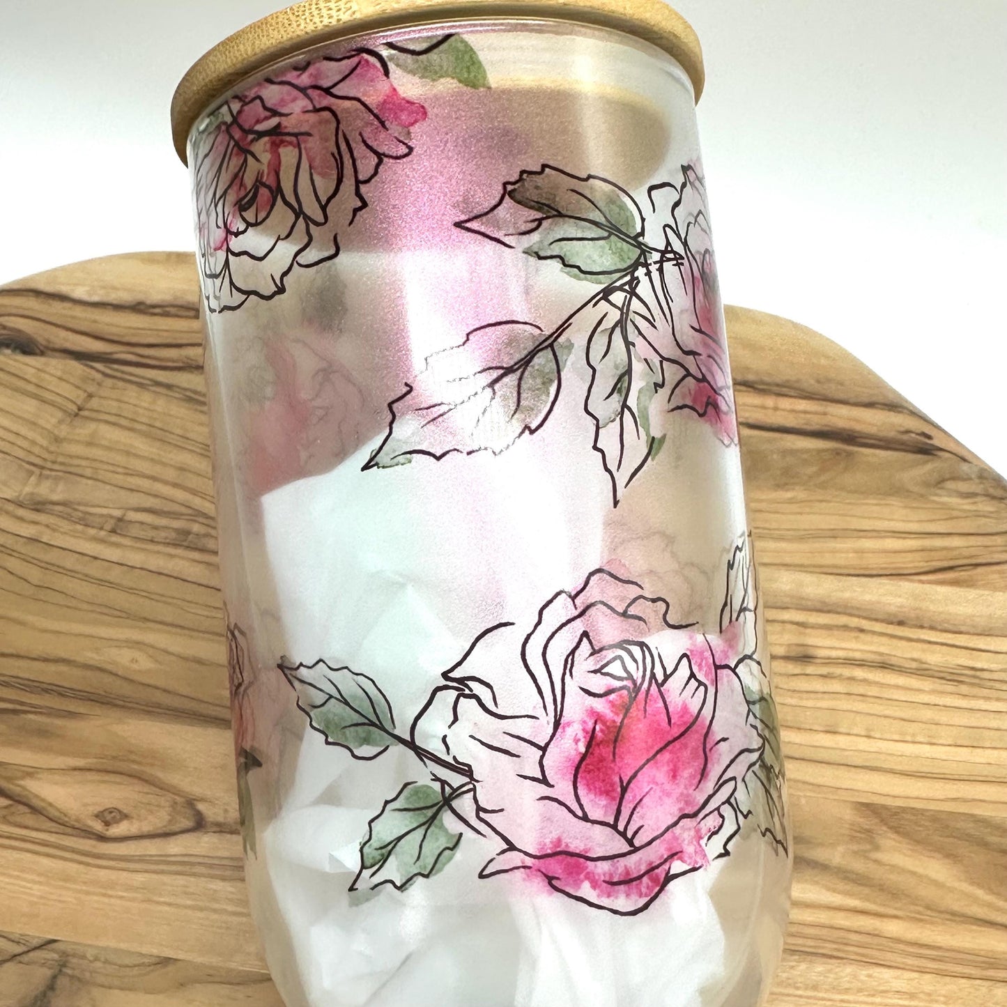Pink Floral Shimmer Glass Wine Tumbler
