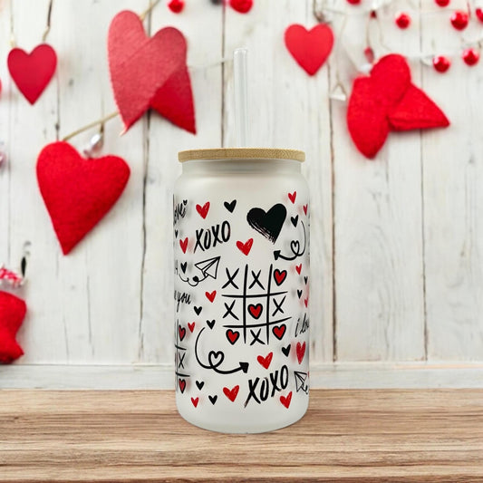 Valentine’s Day Iced Coffee Cup - 16oz Frosted Glass Tumbler with Lid and Straw