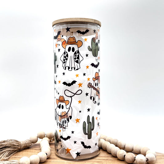20oz Cowboy Ghost Clear Glass Tumbler, Skinny Glass Tumbler with Bamboo and Plastic Lid, Halloween Ghosts and Bats, Eco Friendly Drinkware