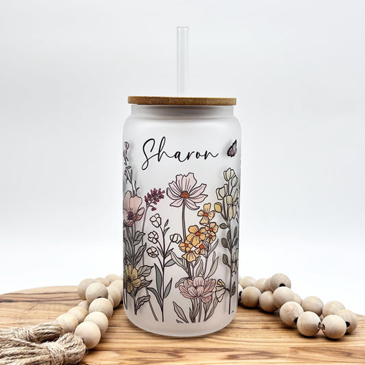 Personalized Vintage Wildflower Frosted Glass Tumbler - 16oz Iced Coffee Cup