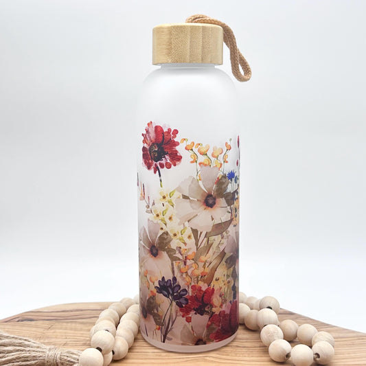 Slightly Imperfect Wildflower Glass Water Bottle, 25oz Frosted Glass Tumbler