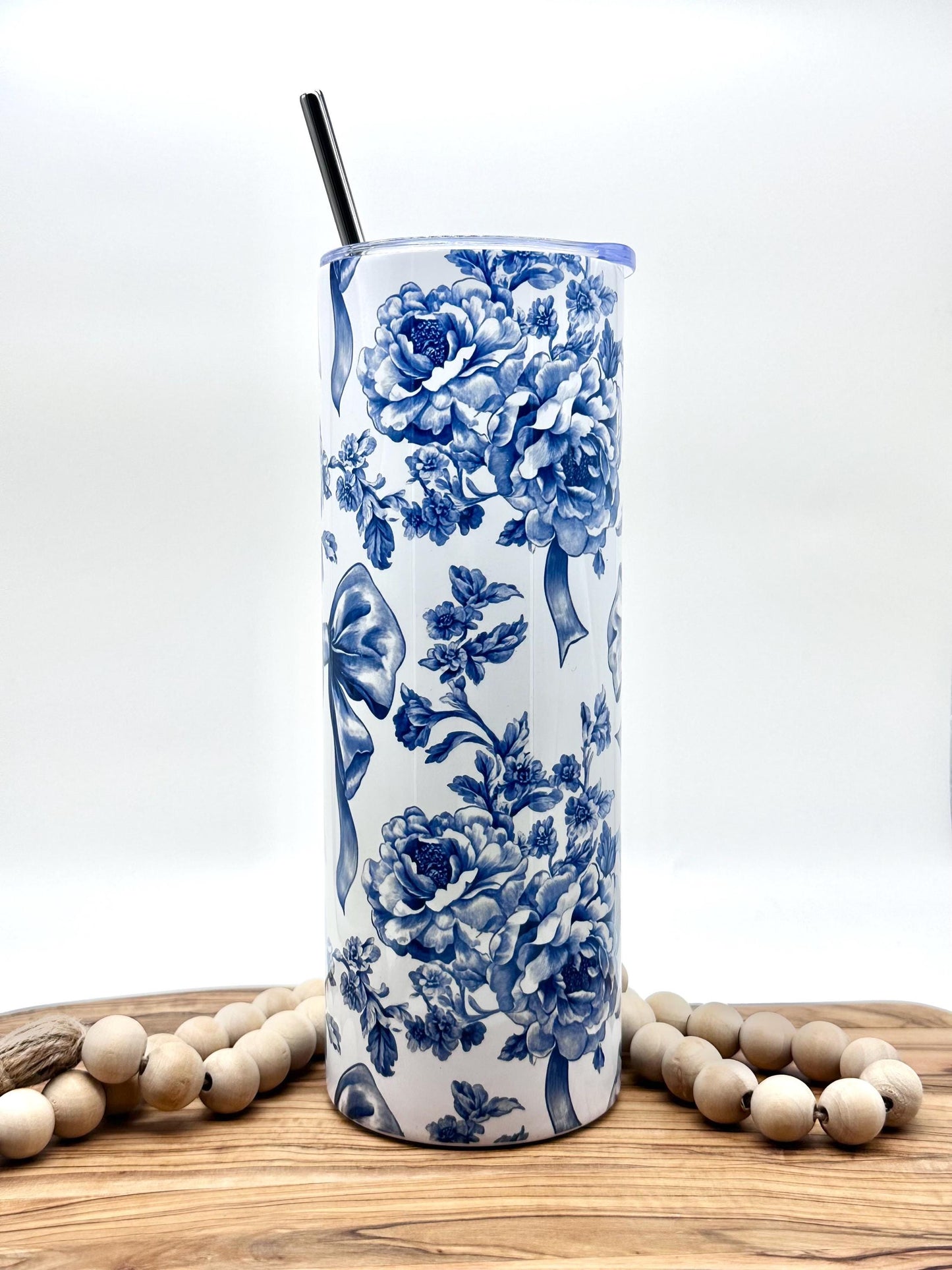 Blue Floral Toile Tumbler - 20oz Insulated Stainless Steel Cup with Lid and Straw