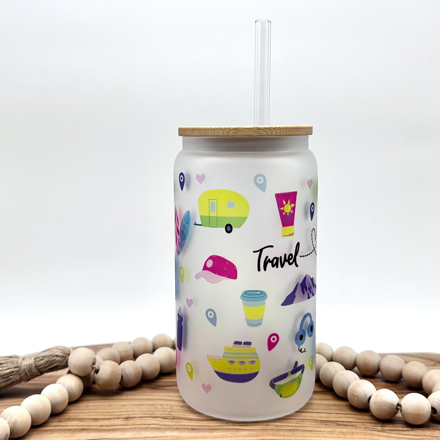 16oz Travel Themed Frosted Glass Tumbler - Travel Agent Iced Coffee Cup