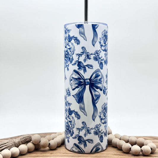 Blue Floral Toile Tumbler - 20oz Insulated Stainless Steel Cup with Lid and Straw