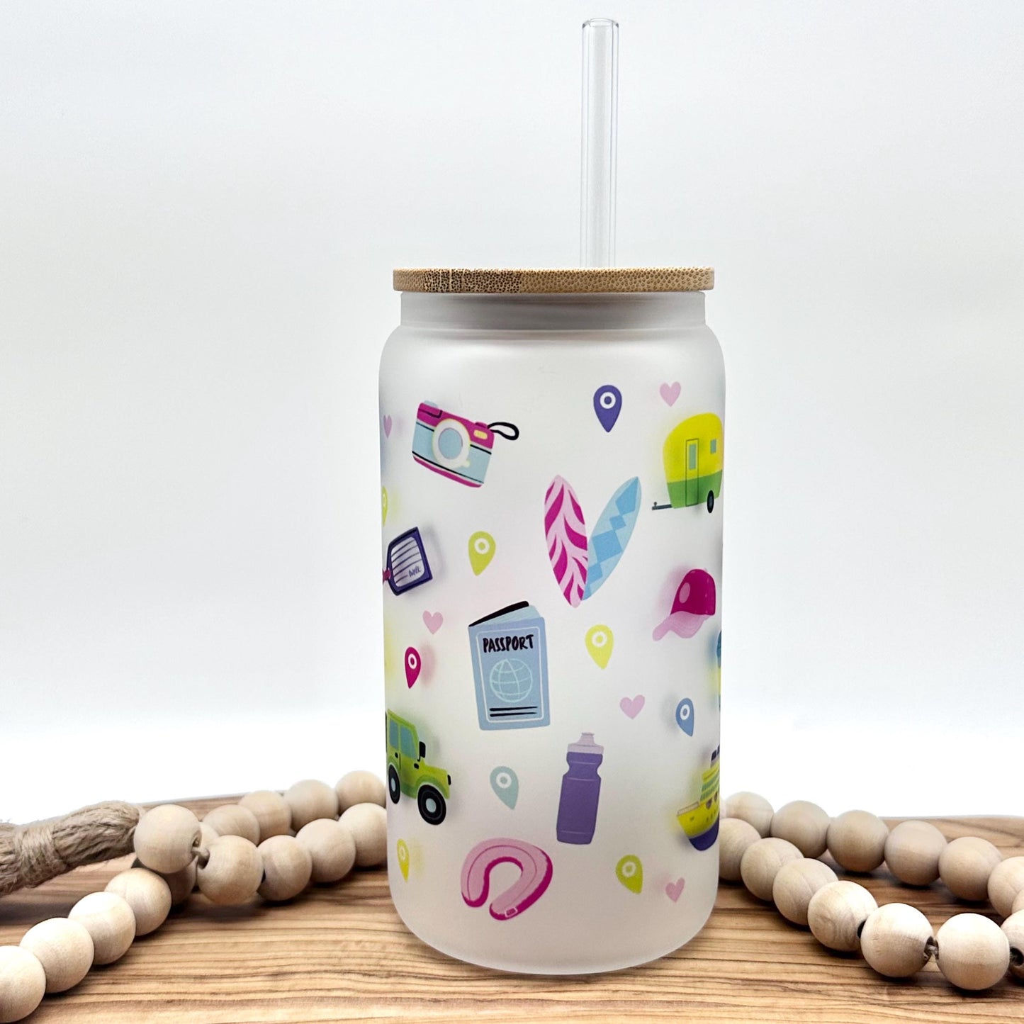 16oz Travel Themed Frosted Glass Tumbler - Travel Agent Iced Coffee Cup