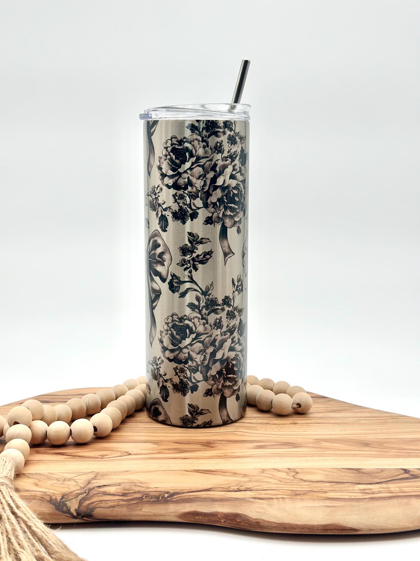 Insulated Floral Toile Cup - 20oz Stainless Steel Tumbler with Lid and Straw,
