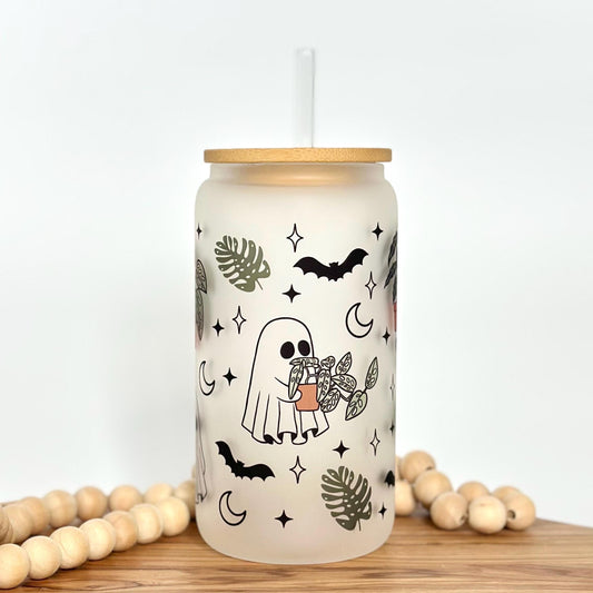 Halloween Iced Coffee Cup - 16oz Frosted Glass Tumbler with Plant Lover Ghost