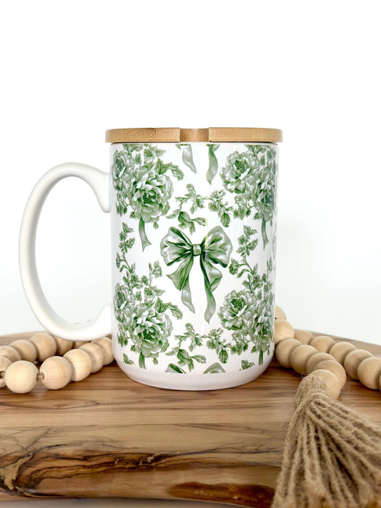 15oz Green Toile Ceramic Coffee Mug with Bamboo Lid