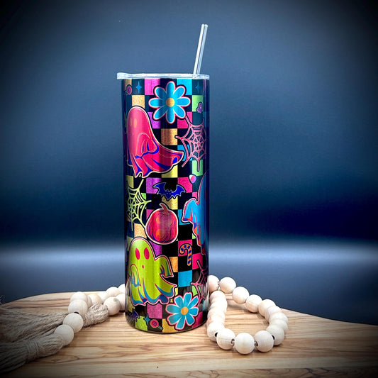 Checkered Halloween Ghost Tumbler - 20oz Insulated Stainless Steel Tumbler with Lid and Straw