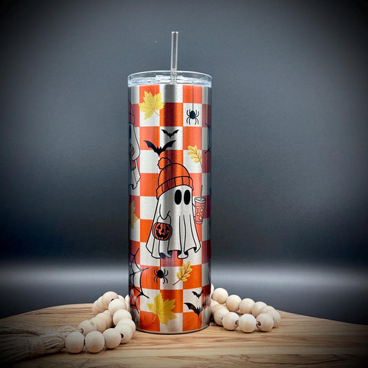 20oz Checkered Halloween Tumbler with Lid and Straw - Insulated Stainless Steel