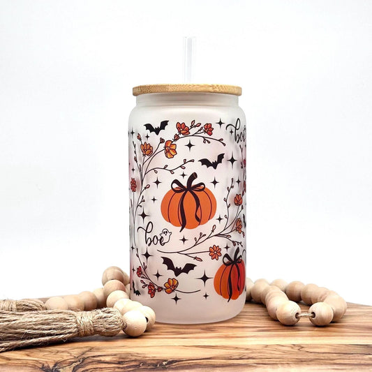 Halloween Iced Coffee Cup, 16oz Glass Tumbler with Lid and Straw