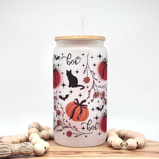 Halloween Iced Coffee Cup - 16oz Glass Tumbler with Lid and Straw