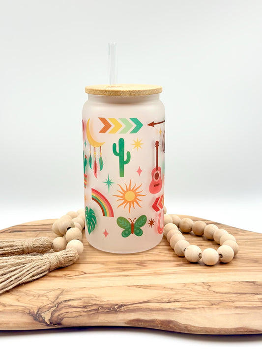 Southwest Boho Rainbow Iced Coffee Cup with Lid and Straw - 16oz Frosted Glass Tumbler