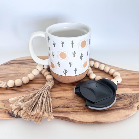 Cactus Coffee Mug with Cork Base and Plastic Lid, 12oz Ceramic Mug