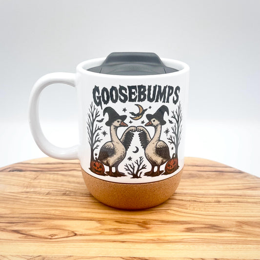 Funny Halloween Coffee Mug with Cork Base and Plastic Lid, Ceramic 12oz Goosebumps Mug
