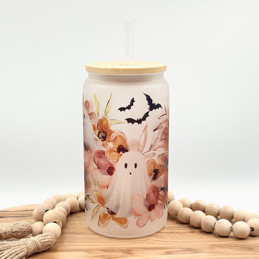 Halloween Iced Coffee Cup - 16oz Floral Ghost Frosted Glass Tumbler with Lid & Straw