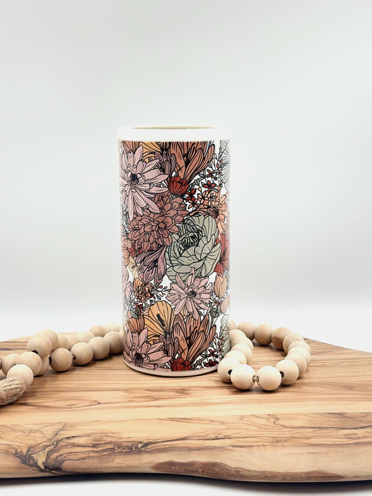 Slim Floral Can Cooler - Stainless Steel Insulated Cozie for 12oz Cans and Bottles
