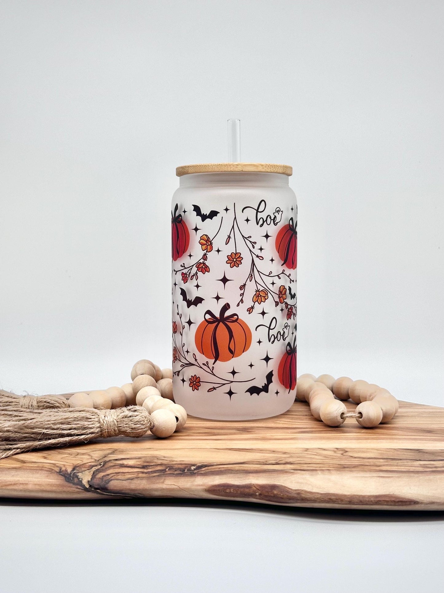 Halloween Iced Coffee Cup, 16oz Glass Tumbler with Lid and Straw