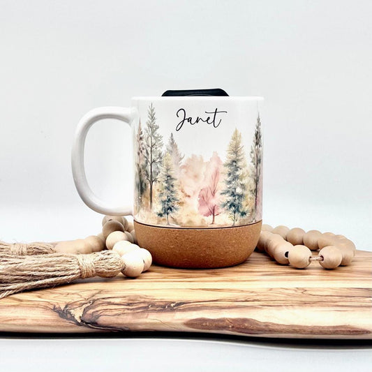12oz Personalized Forest Coffee Mug with Cork Base and Plastic Lid