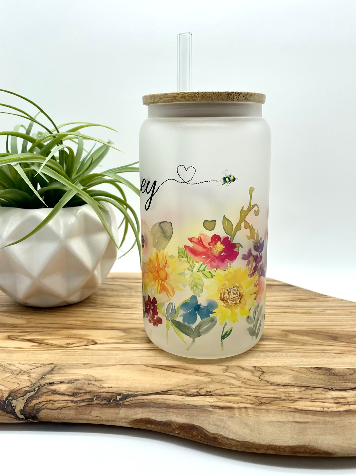 Personalized Floral Frosted Glass Can