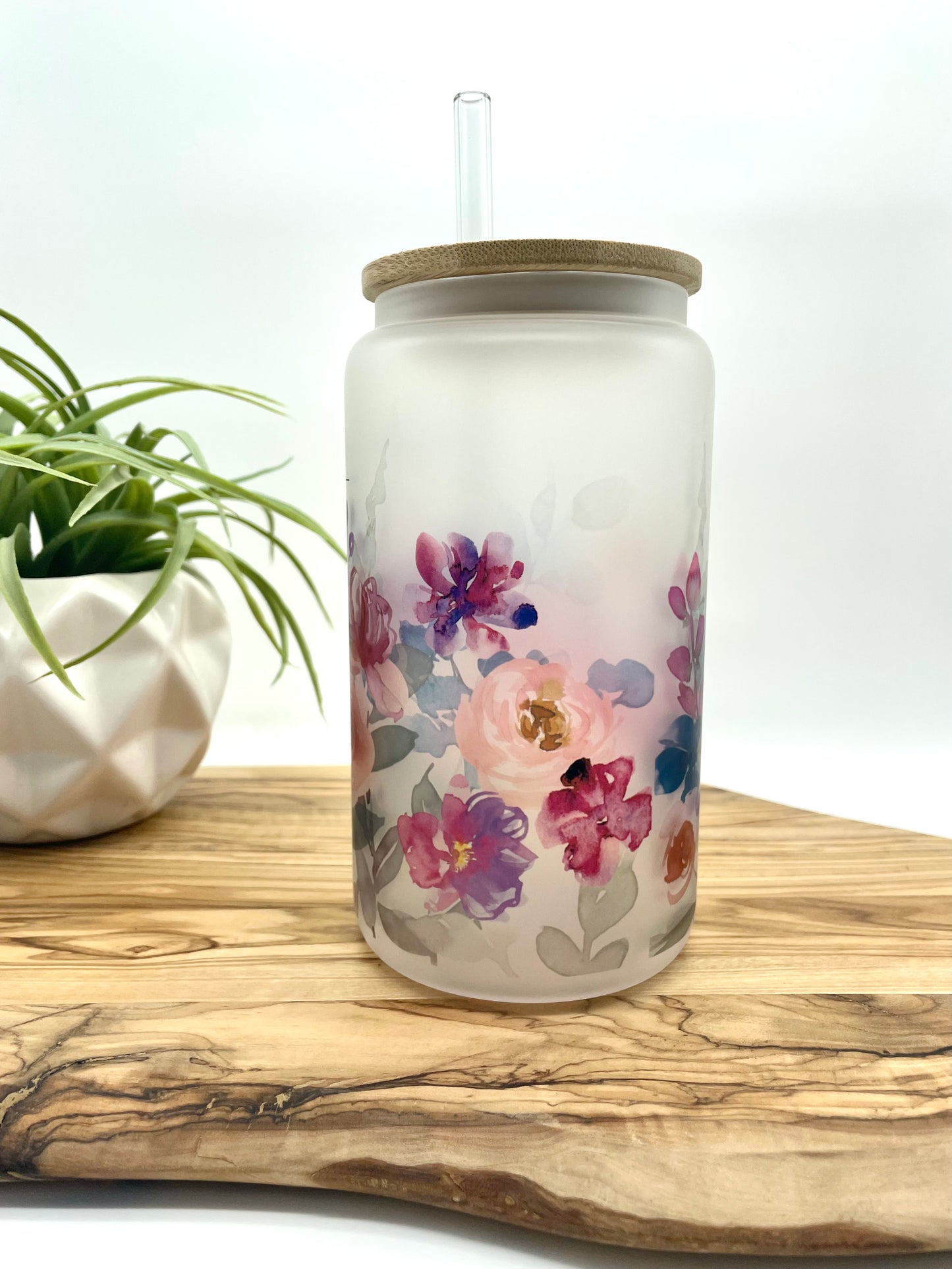 Personalized Purple Floral Frosted Glass Can