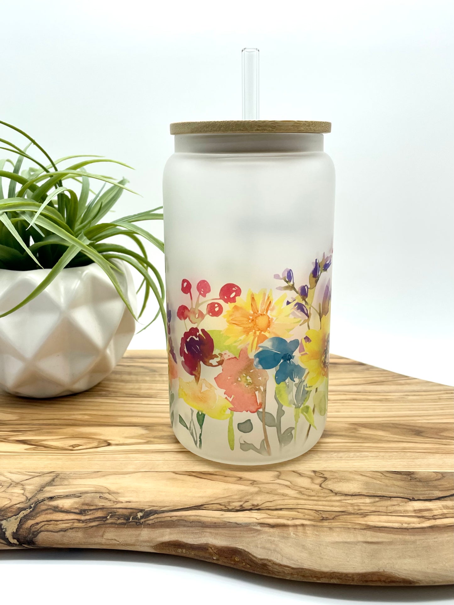 Personalized Floral Frosted Glass Can