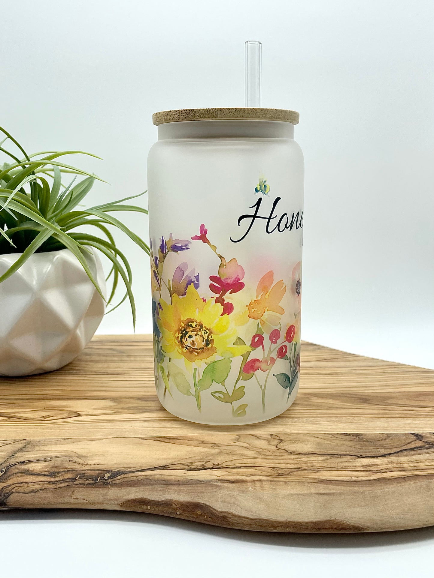 Personalized Floral Frosted Glass Can