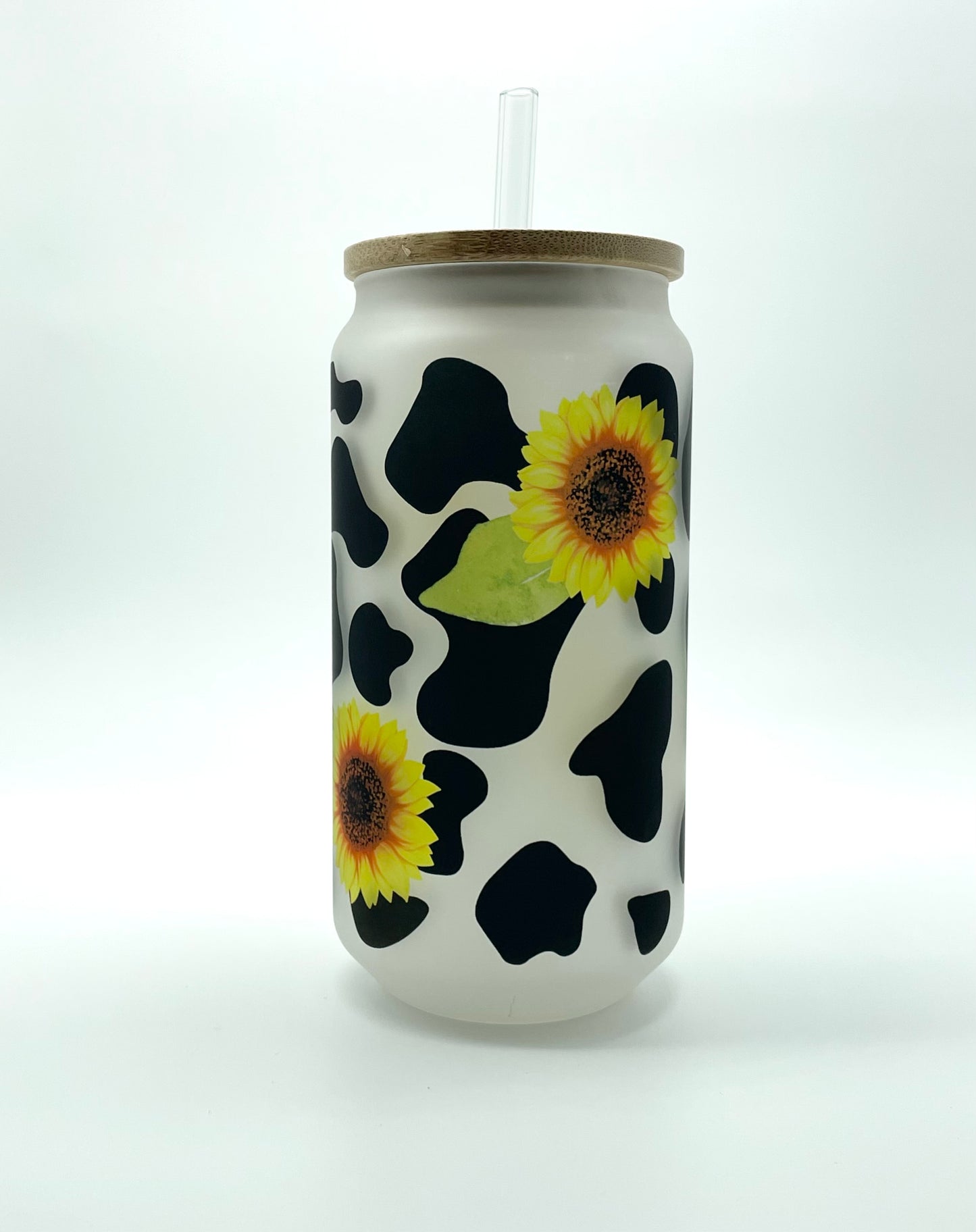 Cow Print Sunflower Glass Can