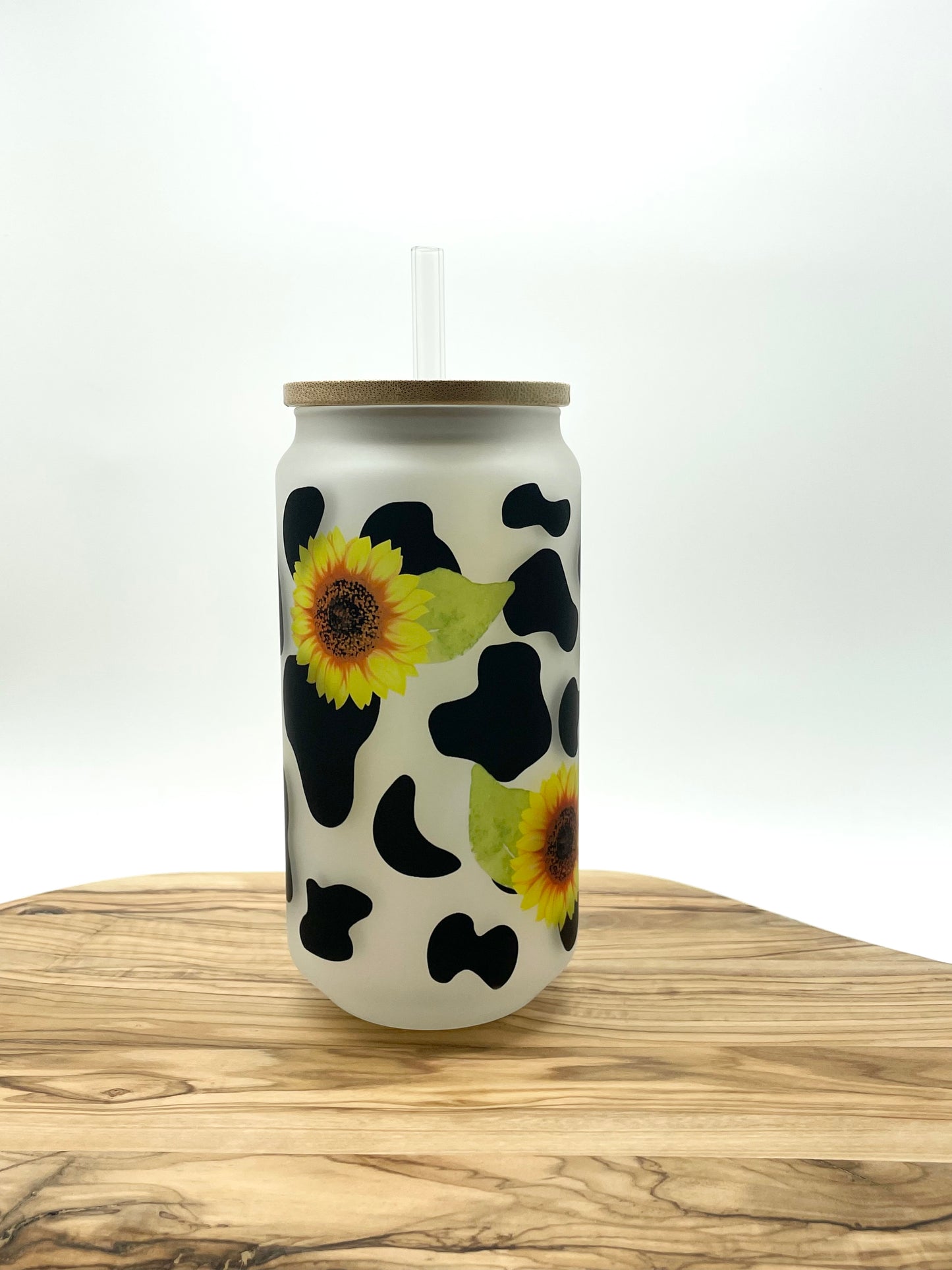 Cow Print Sunflower Glass Can