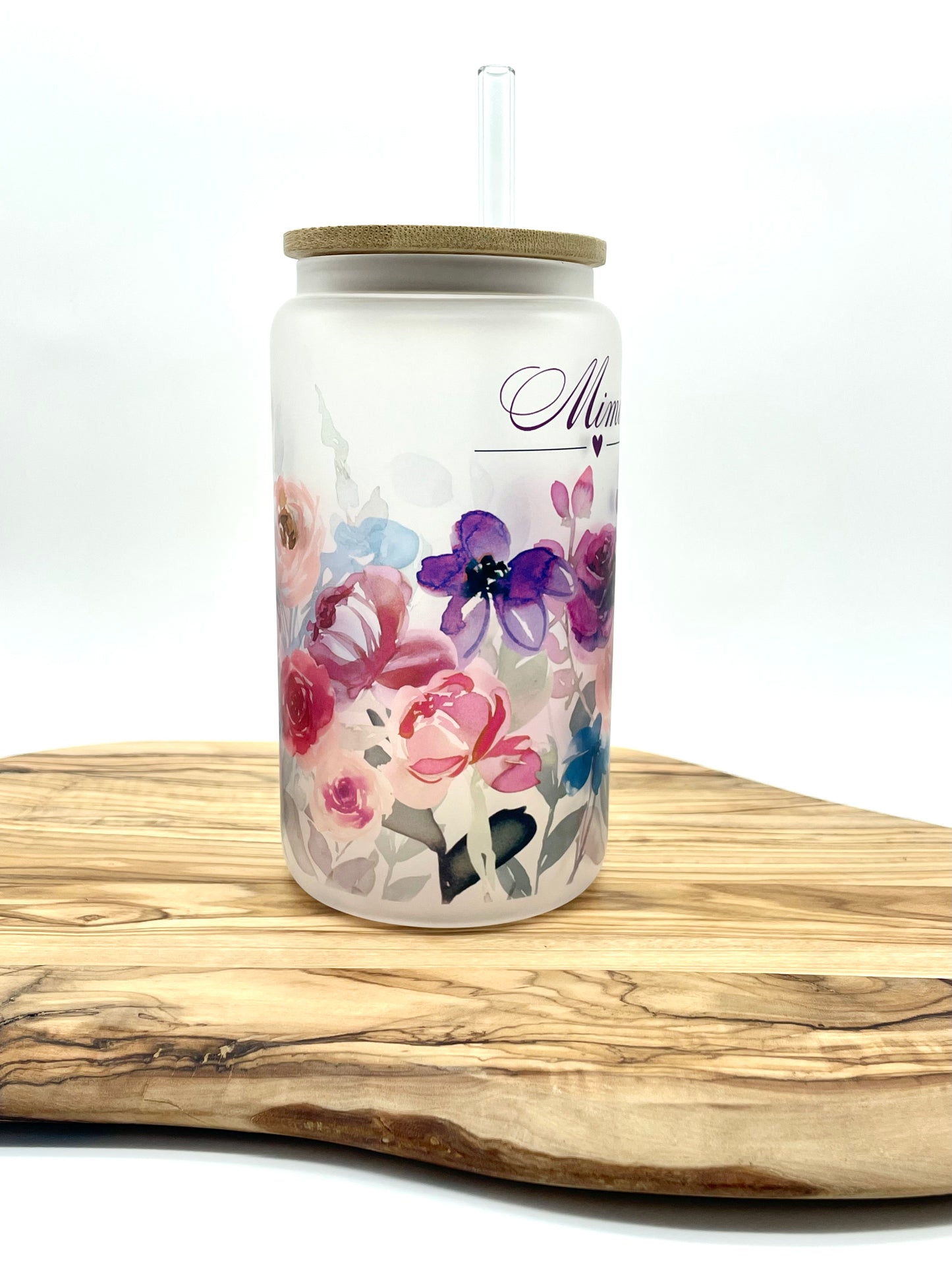 Personalized Purple Floral Frosted Glass Can