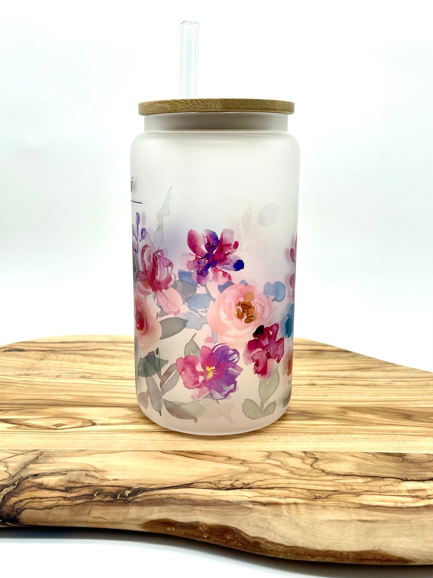 Personalized Purple Floral Frosted Glass Can