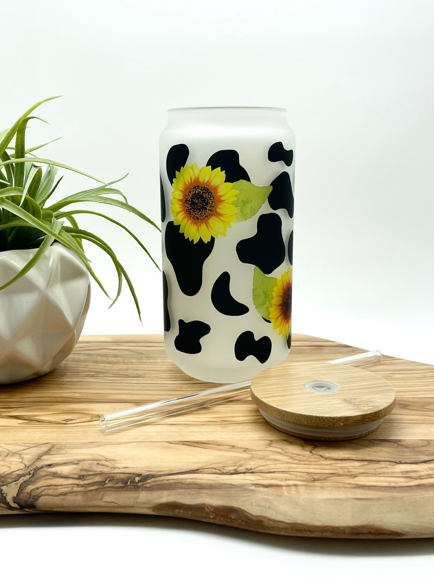 Cow Print Sunflower Glass Can
