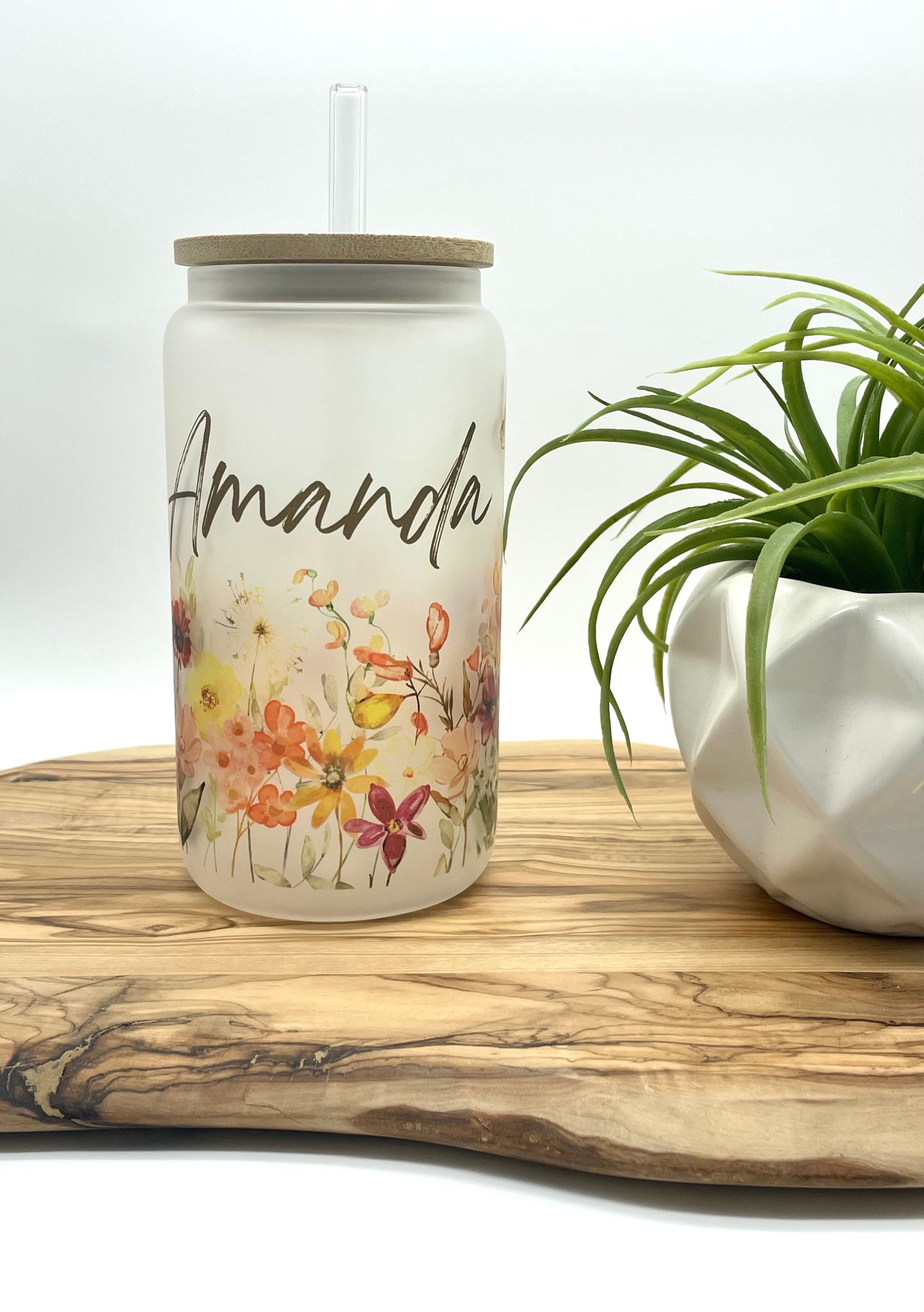 Personalized Wildflower Frosted Glass Can
