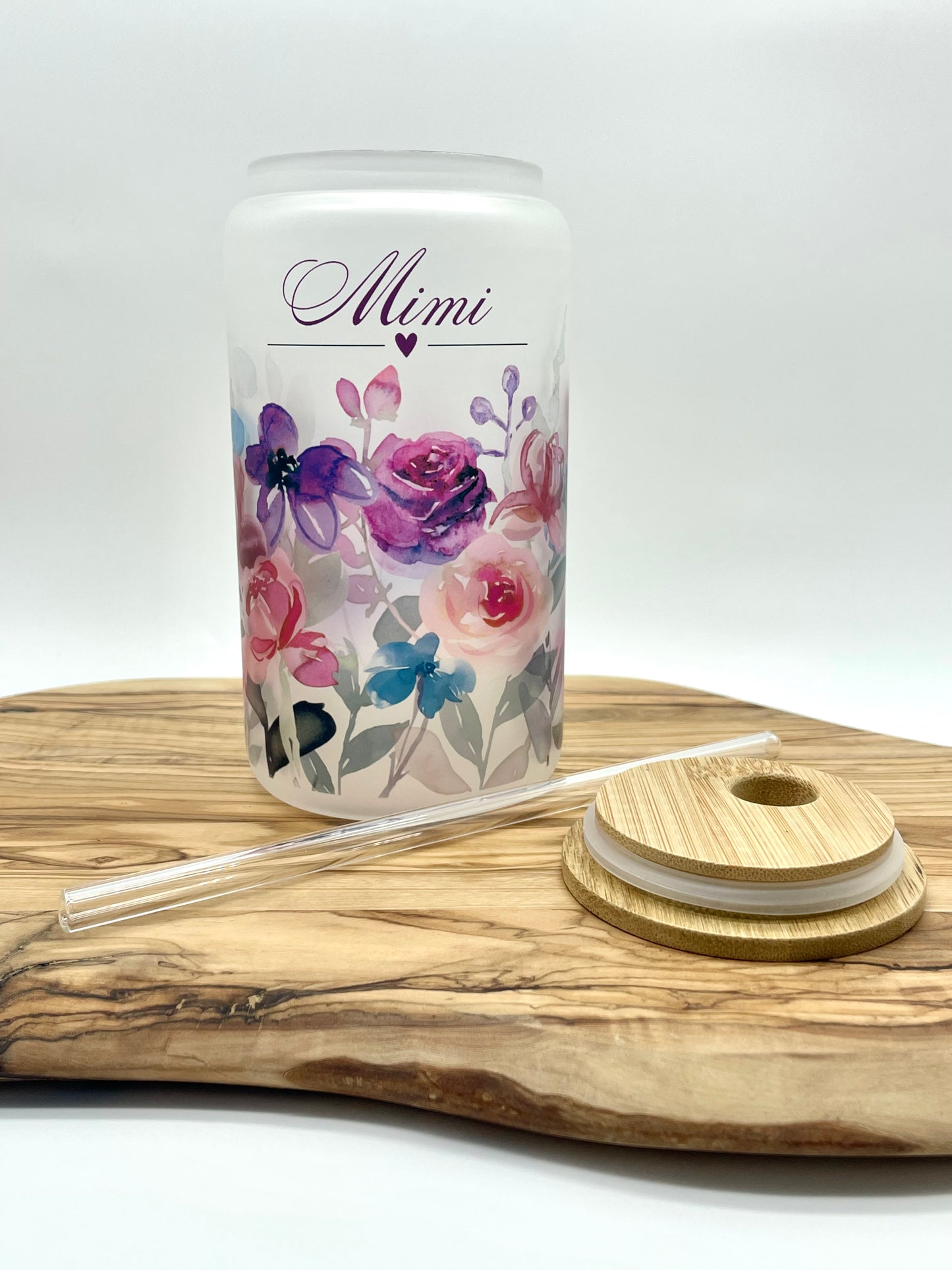 Personalized Purple Floral Frosted Glass Can