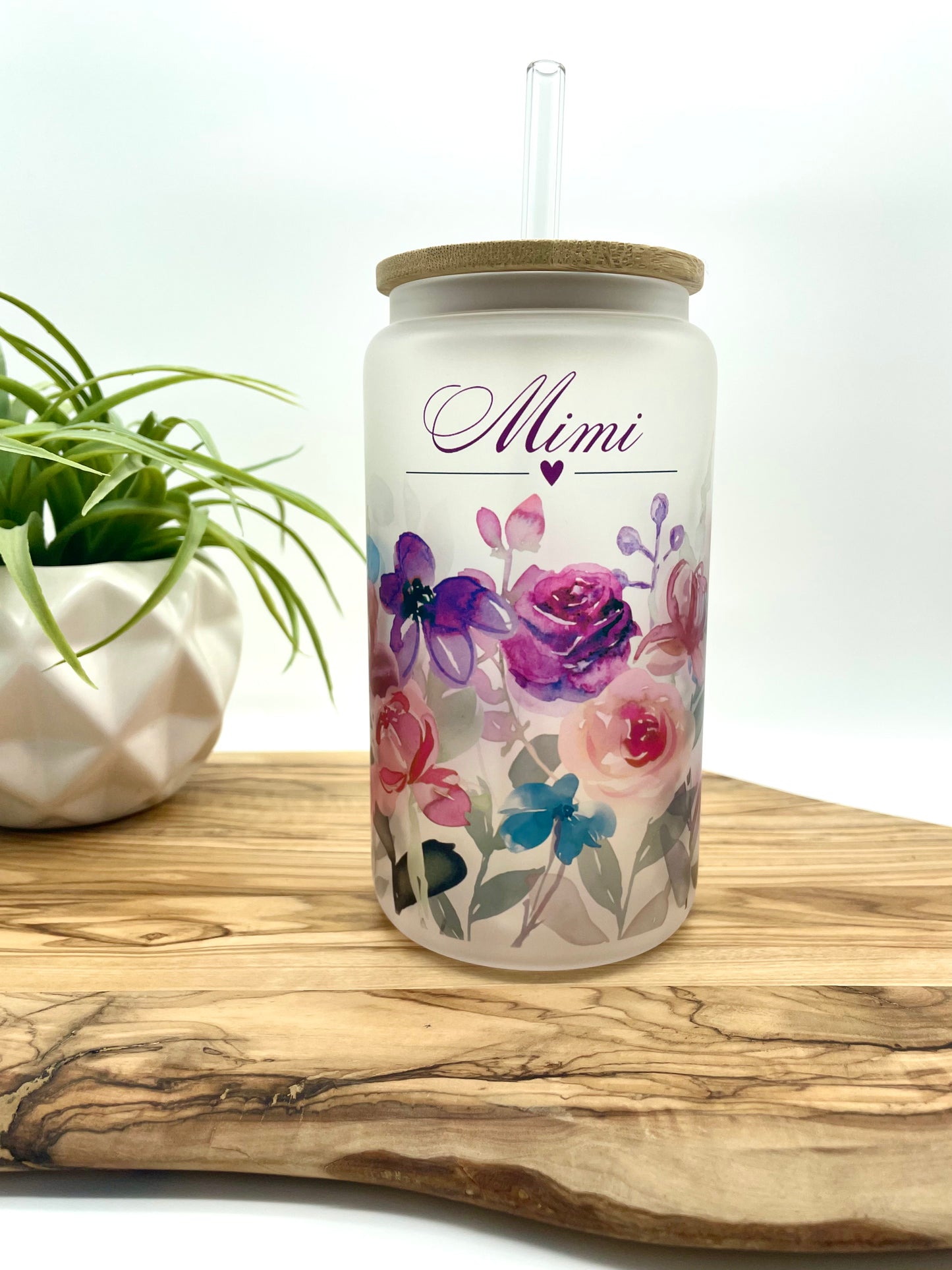 Personalized Purple Floral Frosted Glass Can