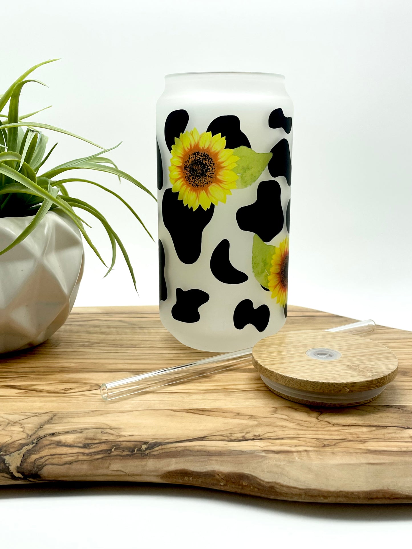 Cow Print Sunflower Glass Can